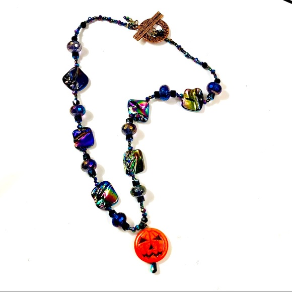 Glamorous Artisan Iridescent and Purple Halloween Pumpkin Necklace - Picture 6 of 8